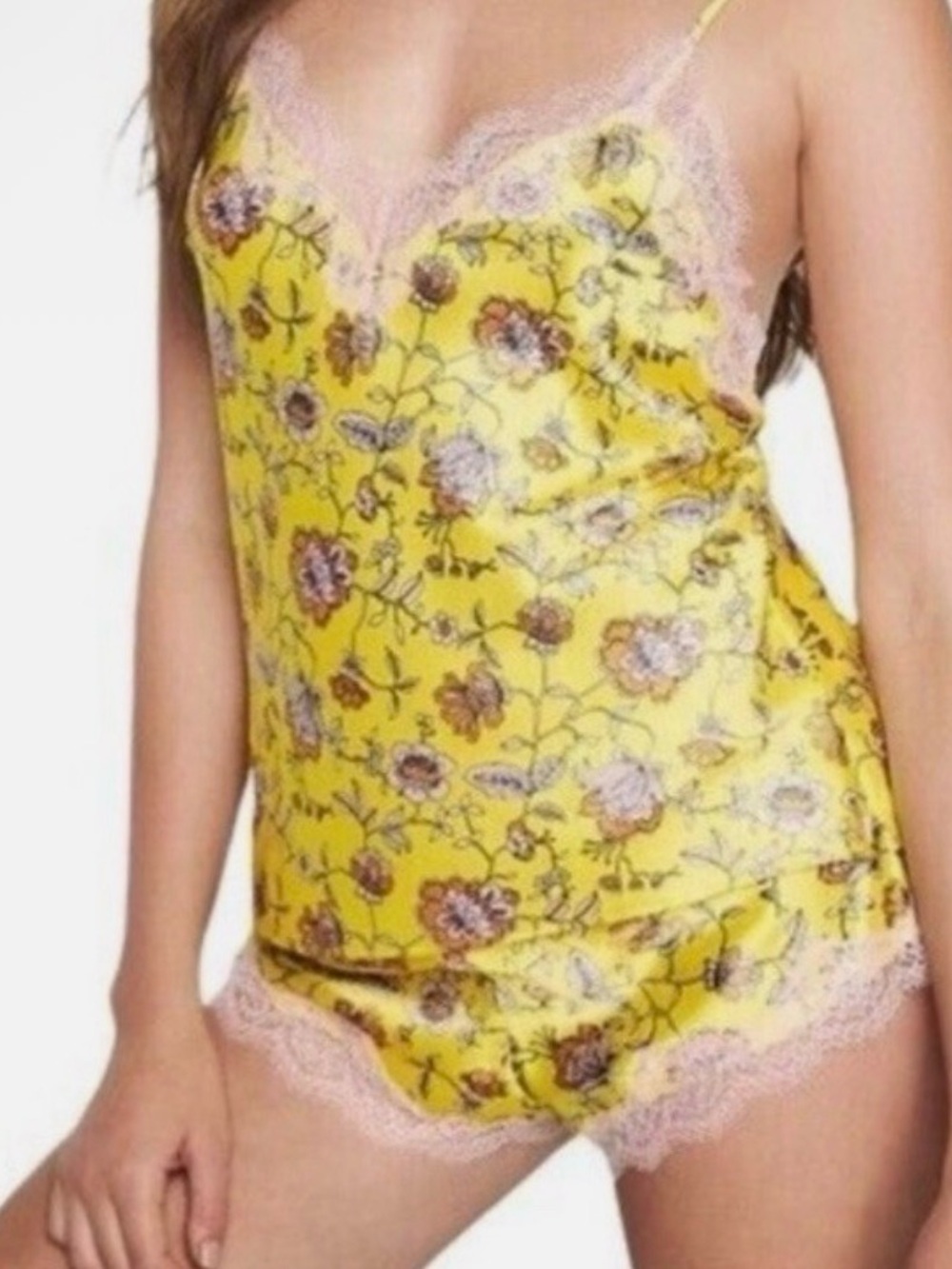 Victoria's Secret Yellow Floral Satin Camisole & Shorts with Pink Lace- New tags